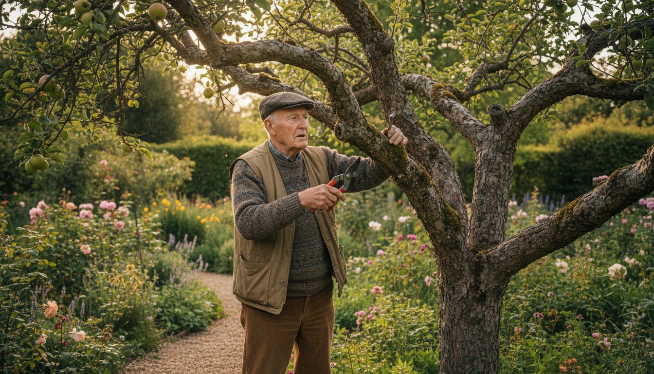 An older man pruning the old apple tree, sure-footed and balanced