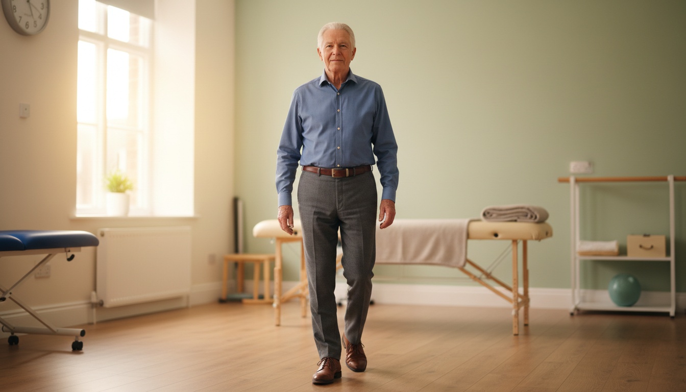 A steady man in his 90s walking into the physical therapy clinic unaided