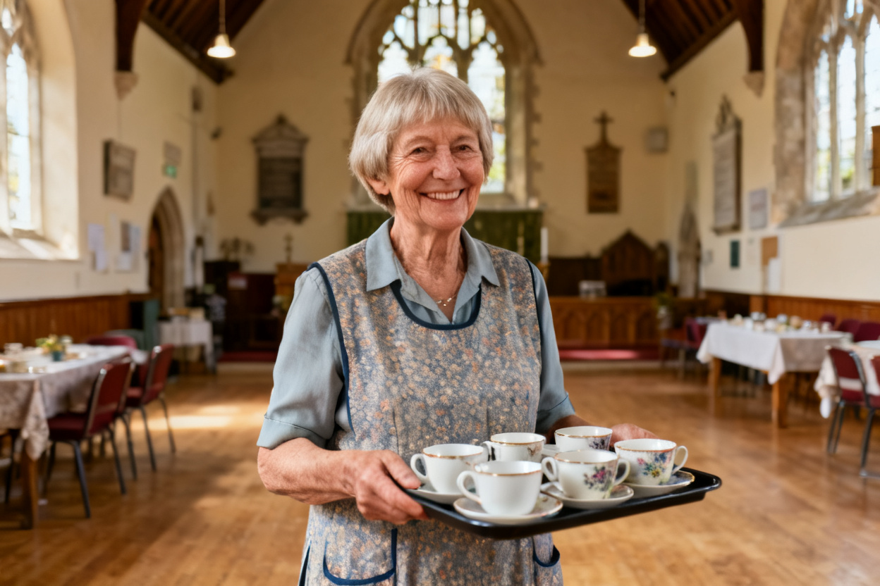 Patricia Healey, 68, steady again carrying a tray of coffees at the church hall