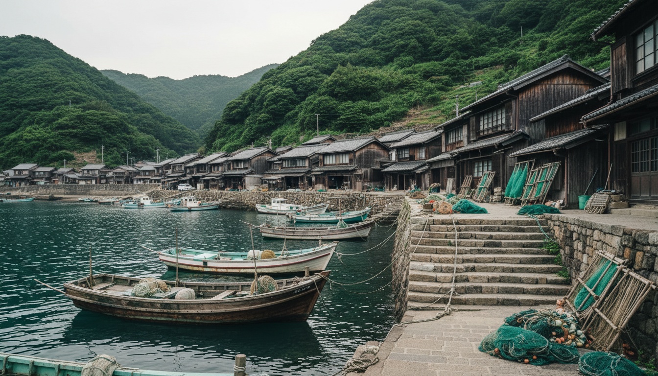 A traditional Japanese coastal fishing village with steep stone harbor steps